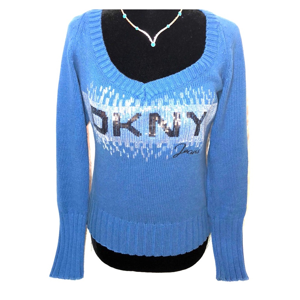 NWOT DKNY SEQUINED SKY BLUE SWEATER